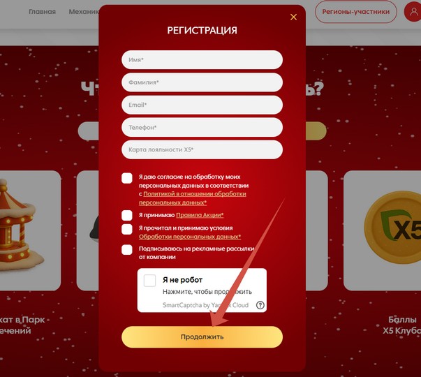 анкета регистрации чека в акции Из «Пятёрочки» - в парк развлечений