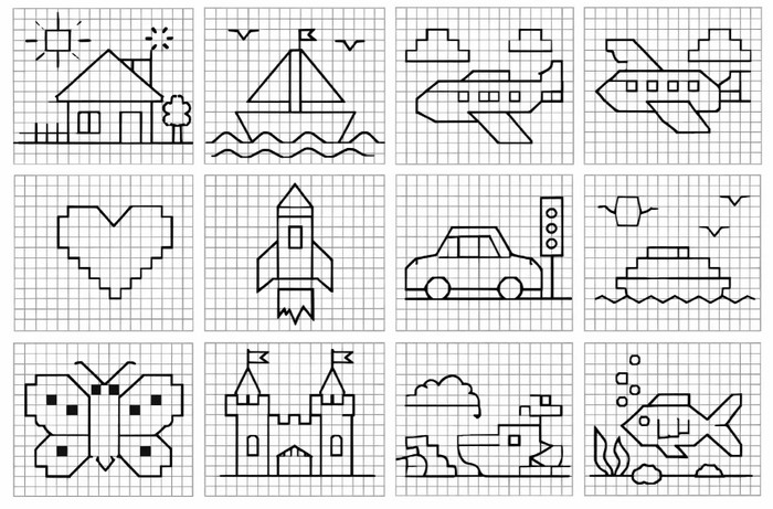 варианты изображений графического диктанта по клеточкам для дошкольников